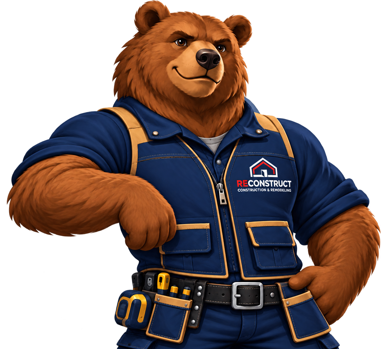 ReConstruct bear leaning beside the logo