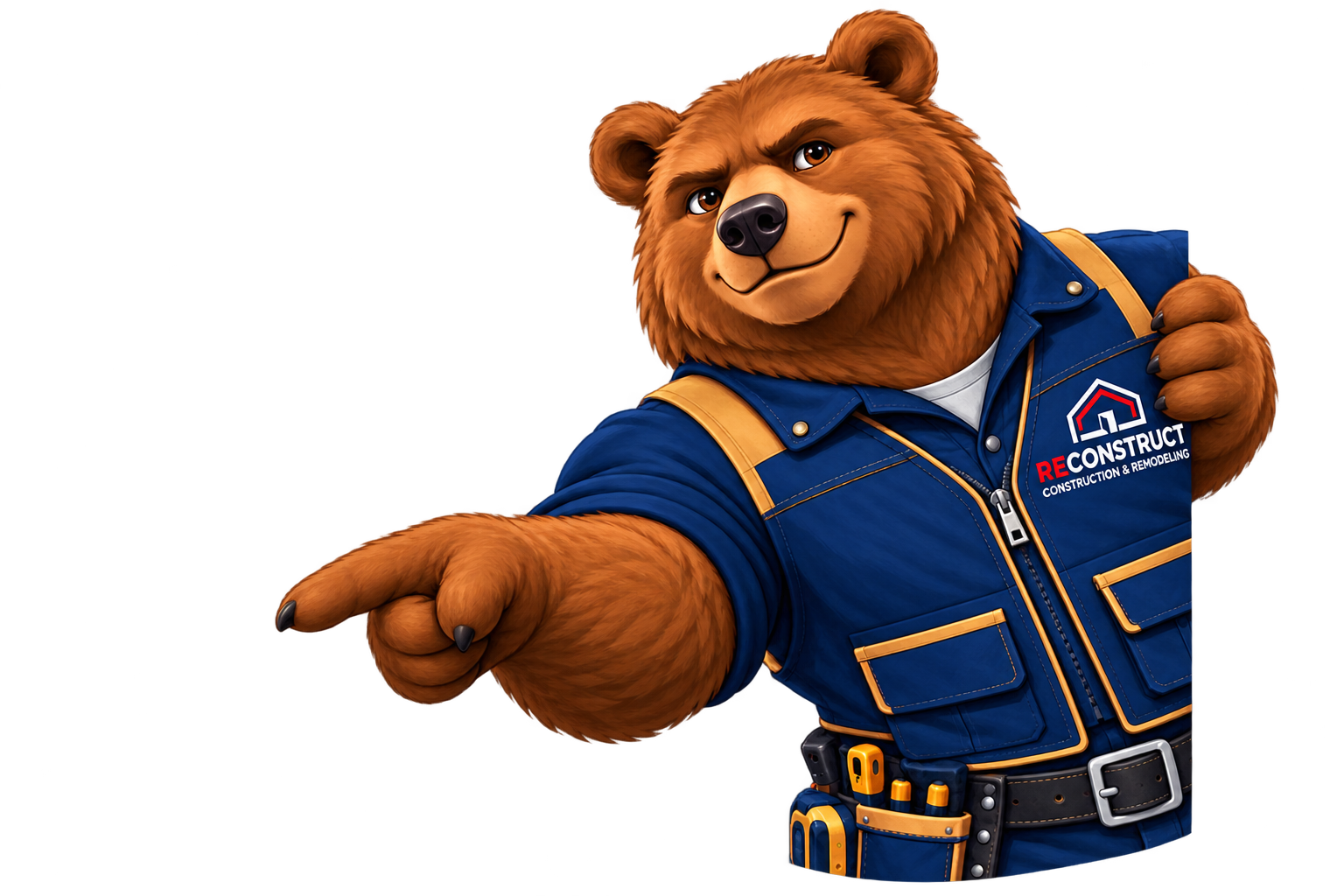 ReConstruct bear peeking around the edge and pointing toward the home improvement options