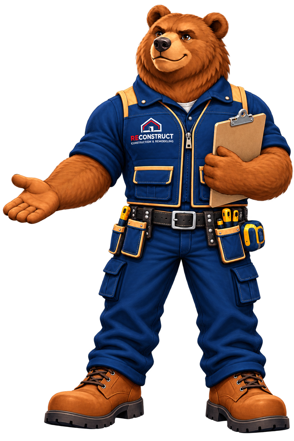 ReConstruct bear holding a clipboard and introducing the homeowner guide